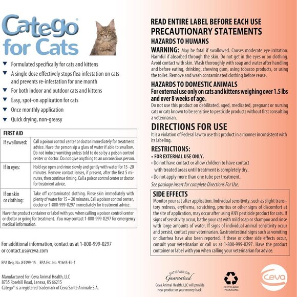 12 DOSES. .Catego Flea and Tick Control for Cats. Over 1.5 lbs, 8 Weeks or Older - Picture 3 of 6